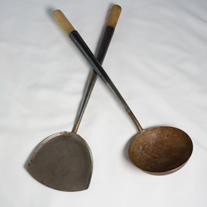 Forged Primitive Cooking Spatula and Ladle with Wooden Handles