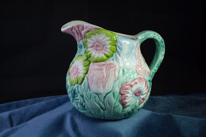 Antique Ceramic Pitcher With Raised Hand Painted Flowers and Leaves Etsy
