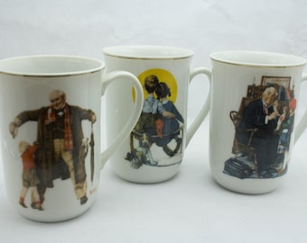 Norman Rockwell Porcelain Cups the Saturday Evening Post with Gold Leaf