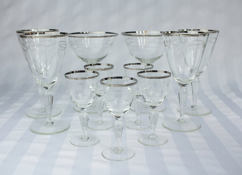 Set of 11 Crystal Silver Rimmed Etched Glasses Vintage Stemware Etsy