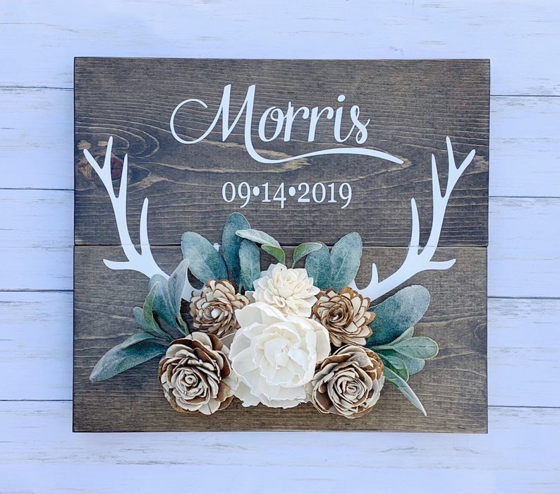 Deer Antler Sign, Personalized Lastname Wood Sign, Rustic Wedding Decor ...
