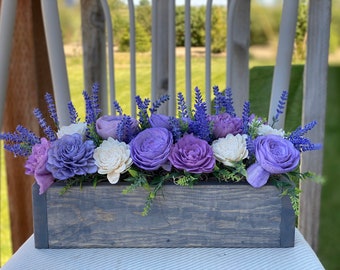 Purple Lavender Lilac, Wood Flower Box Arrangement, Purple Flower Centerpiece, Birthday Gift, Wedding Table Centerpiece, Mother’s Day Flower