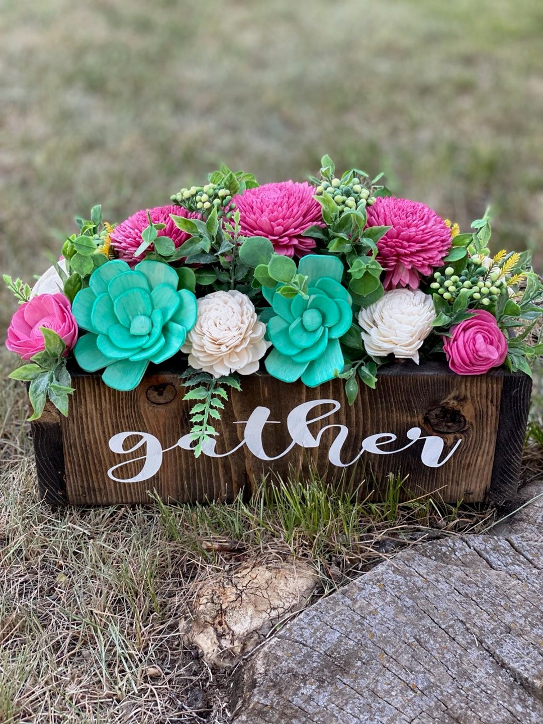 Sola Wood Flower Wood Box Centerpiece Pink and Mint Flowers Etsy