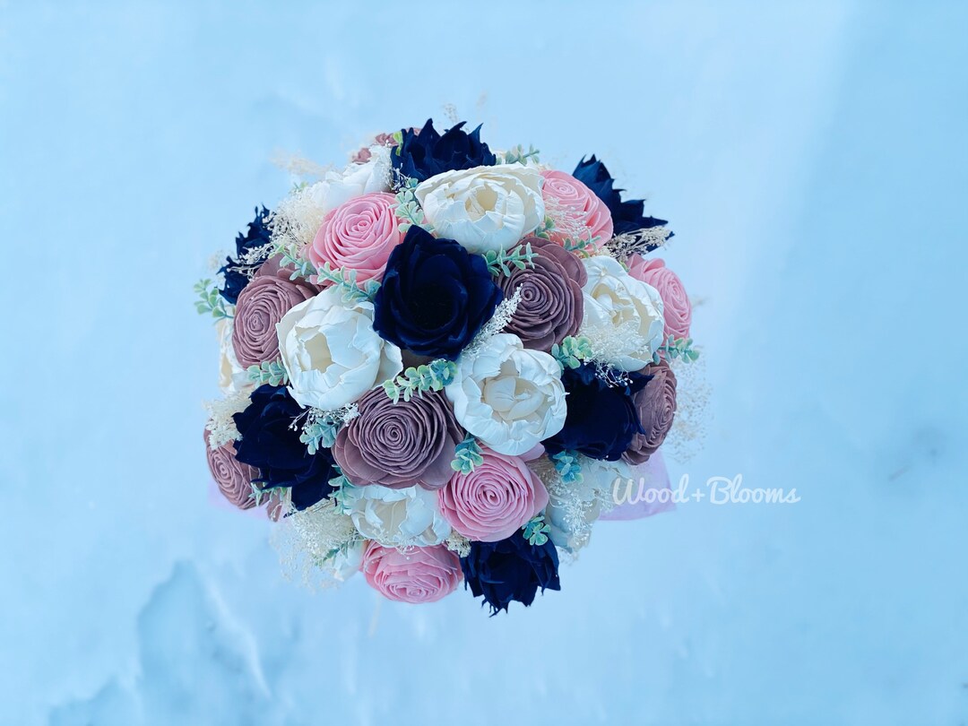 Navy Blush Ivory Bouquet, Sola Wood Flower, Sola Wood Bouquet