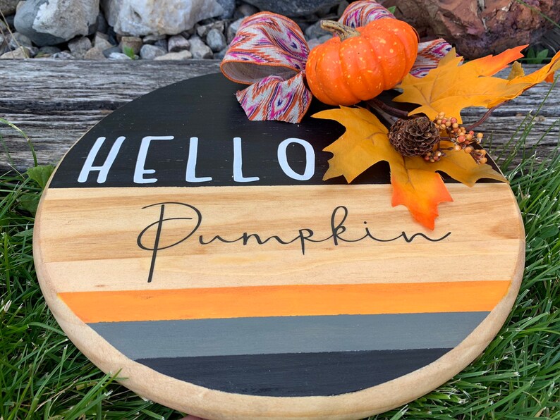 Round Hello Pumpkin Sign Front door Pumpkin Decor Hello Fall Etsy