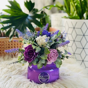 Lavender Candle, Candle Flower Centerpiece, Purple Lavender Lilac, Wood Flower Arrangement, Sola Wood Flowers, Wedding Table Centerpiece