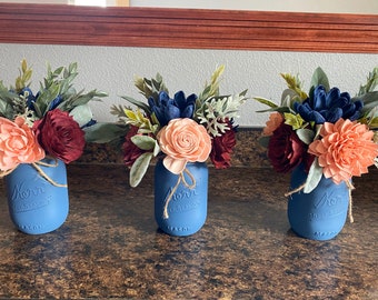 Mason Jar Centerpiece, Mother’s Day Gift, Blush Burgundy Navy Flower Arrangement, Wedding Centerpiece, Sola Wood Flowers, Mason Jar Decor