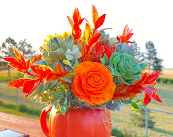 Pumpkin Flower Arrangement, Pumpkin Centerpiece, Fall Flower Arrangement, Sola Wood, Table Centerpiece, Mantel Centerpiece, Thanksgiving