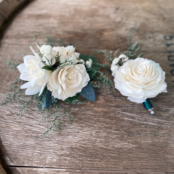 Wedding Corsage, Prom Boutonniere, Ivory Hunter Emerald green, Sola Wood Flower, Groomsmen Boutonniere, Homecoming, Wedding, Winter Formal