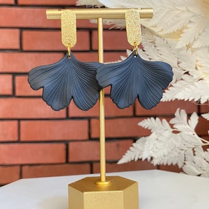 Ginkgo Leaf Earring, Boho Earring, Black Beige Dangle Earring, Gold-plated Brass, Statement Earring, Birthday Gift, Minimalist, Neutral