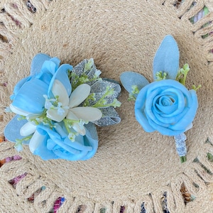 Sola Wood Flowers, Blue Rose Boutonniere and Corsage Set, Prom Corsage, Grooms Boutonniere, Wedding, Daddy Daughter Dance, Winter Formal