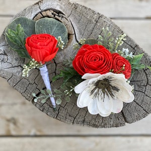 Red White Black Sola Wood Flowers, Red Boutonniere and Corsage Set, Prom Boutonniere, Grooms Boutonniere, Wedding