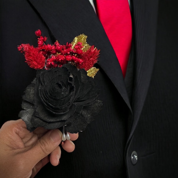 Black Red and Gold Corsage, Prom Boutonniere, Wedding Corsage and Boutonniere, Groomsmen Boutonniere, Homecoming, Dance Formal