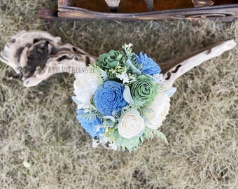 Mason Jar Decor, Mason Jar Centerpiece, Blue and Green Flower Arrangement, Sola Wood Flowers, Wedding Centerpiece, Mothers Day Gift