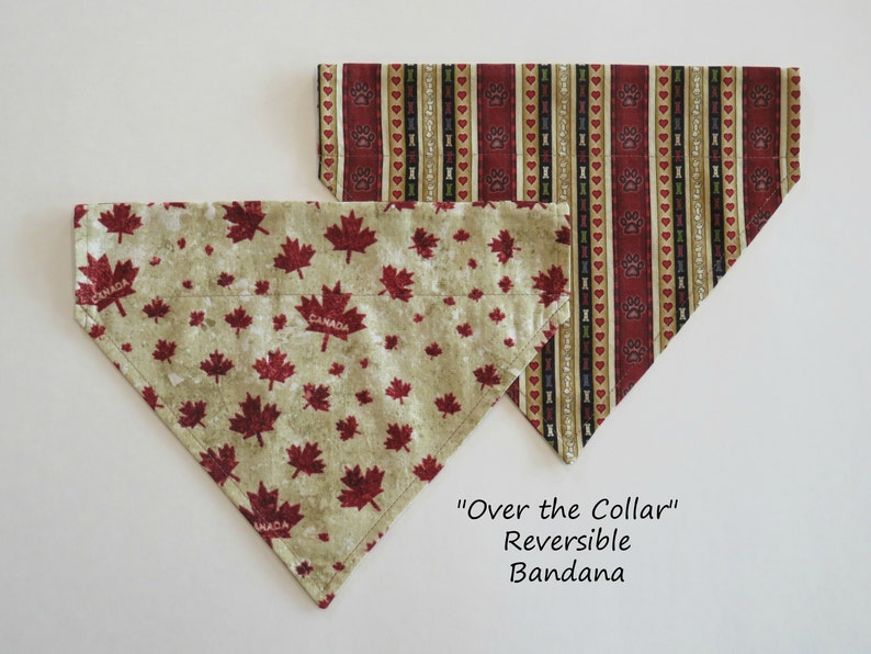Slide on Bandana Reversible Bandana Over the Collar Pet Bandana Dog or Cat Bandana Pet Bandana Canada Maple Leaf meets Hearts /& Paws
