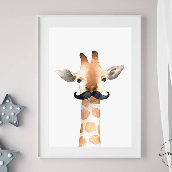 Safari nursery art, Giraffe print, PRINTABLE art, Mustache baby shower, animal wall art, Nursery decor, Mustache theme, unique baby gift