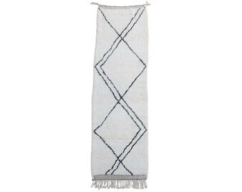 Berber runner Rug From Beni ourain Morocco - Runner rug made with organic wool and handknotted - 10 by 3 white runner rug for hallway