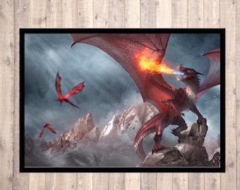 dragon poster, red dragon, dragon art print, dragon wall art, poster, signed art, dragon illustration, fantasy print, dragolisco