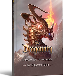 Peut inclure: Un livre intitulé The Dragonary Dragon Art Compendium par Dragolisco. La couverture présente une illustration détaillée d'une tête de dragon métallique à cornes avec des yeux bleus brillants et des marques rouges, sur fond de montagnes et de flammes.