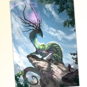 May include: A green and blue dragon with antlers sits on a rocky cliff. The dragon has a long, winding tail and a large, powerful body. The dragon is looking to the right, and its eyes are open and alert. The dragon is surrounded by a cloudy sky and a few birds are flying in the distance.