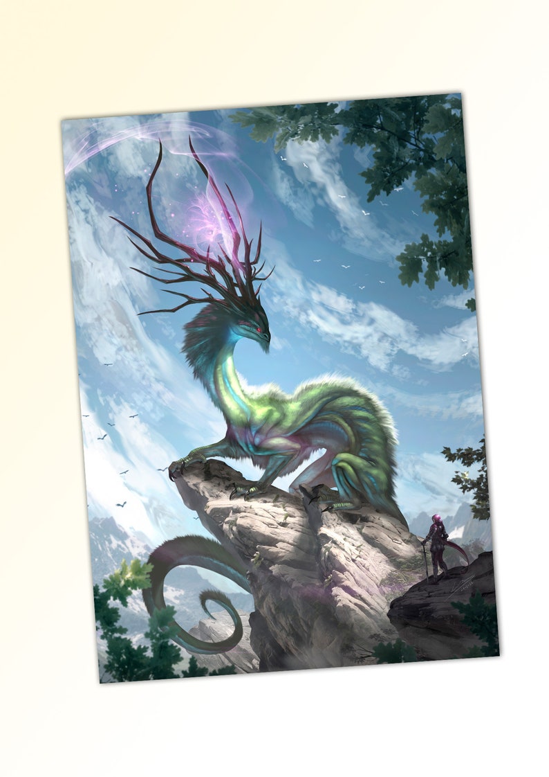 May include: A green and blue dragon with antlers sits on a rocky cliff. The dragon has a long, winding tail and a large, powerful body. The dragon is looking to the right, and its eyes are open and alert. The dragon is surrounded by a cloudy sky and a few birds are flying in the distance.