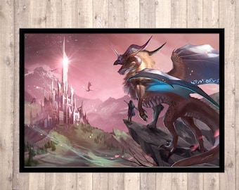 cartel de dragón, fantasía, impresión de arte de dragón, arte de pared, arte firmado, ilustración de dragón, impresión de fantasía, dragolisco, grifo, criatura, monstruo