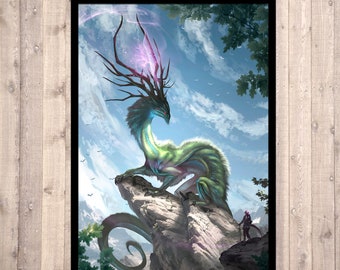 dragon poster, green,  art print, wall art, poster, signed art, dragon illustration, fantasy print, dragolisco, fantasy land, forest
