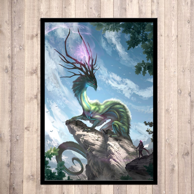 May include: A green and blue dragon with antlers sits on a rocky cliff. The dragon has a glowing purple aura around its head. A small figure stands below the dragon on the cliff.