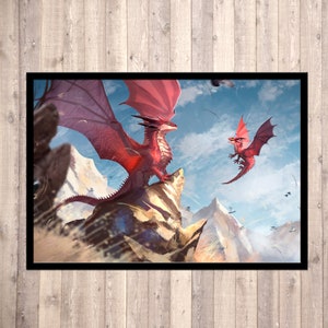 poster drago, stampa artistica drago rosso, arte murale, poster, firmato, illustrazione drago, stampa fantasy, dragolisco, terra fantasy, bambino, finzione