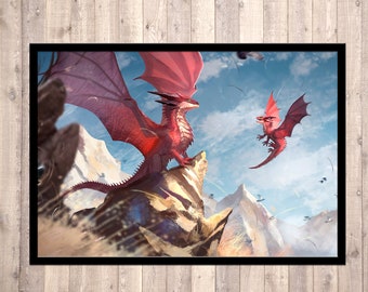 Póster de dragón, impresión artística de dragón rojo, arte de pared, póster, firmado, ilustración de dragón, impresión de fantasía, dragolisco, tierra de fantasía, bebé, ficción