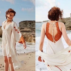 Premium Soft Linen Camisole Nightgown and Embroidered Kimono Robe Set  with Orange Lace | Bridal Muted Color Nightgown and Kimono Robe Set