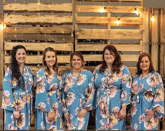 Bridesmaid Robes Plus Size, Blue Floral Kimono Robe  for Wedding, Bridesmaid Getting Ready Robes