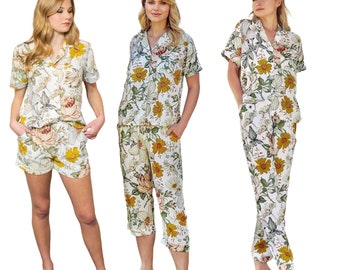 Pajama Sets with Bottom Short, Capri, and Pant Options - Floral Vintage Print Bridesmaid  PJ Sets