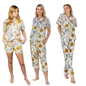 Pajama Sets with Bottom Short, Capri, and Pant Options - Floral Vintage Print Bridesmaid  PJ Sets