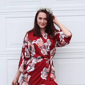 BURGUNDY Theme Wedding Bridesmaid Robes | Floral Bridesmaid Robe Burgundy I Tropical Burgundy Kimono Robes