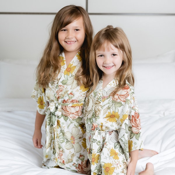 FLOWER GIRL vintage Jardin OCRE Robes | Motif floral Kids Robe I Girls Kimono Robes pour la plage, Mariage, Séance photo, Au bord de la piscine