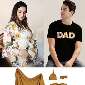Vintage Garden &quot;Bloom&quot; Matching Family Set |Maternity Robe and Matching DAD T-Shirt, Ultimate Baby Set Big BRO  and Big SIS t-shirts