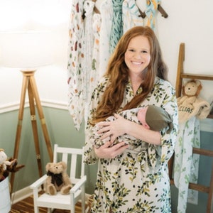 Organic Cotton Baby Swaddle Blanket  and Olive Mommy Robe | Matching Mommy and Me Set | Hospital Robe Olive Pattern | Olive Delivery Robe
