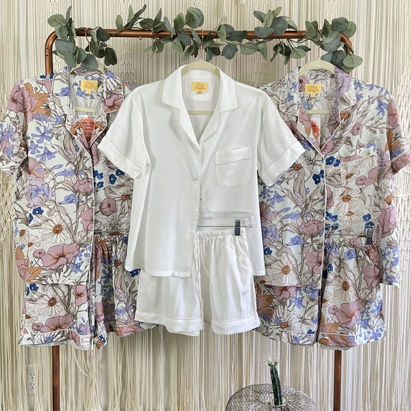 Gift for the Bride and Bridesmaids:  Bridal Plain White Pajamas and Dusty Rose, Lilac, Navy Blue and Pearl Print PJs Bundle of 2 to 10 Pcs