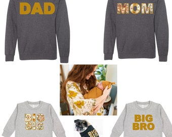 Dad Big Bro Big Sis SWEATSHIRTS in Vintage Garden Ochre Print, Mommy Robe and Swaddle, Baby Knotted Gown Hat and/or Bow, Matching Tshirts