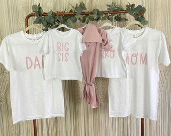 DUSTY ROSE Baby Knotted Gown and Matching Dad T-shirt SET - Optional Mom, Big Bro, Big Sis or Any Custom Letter T-shirts