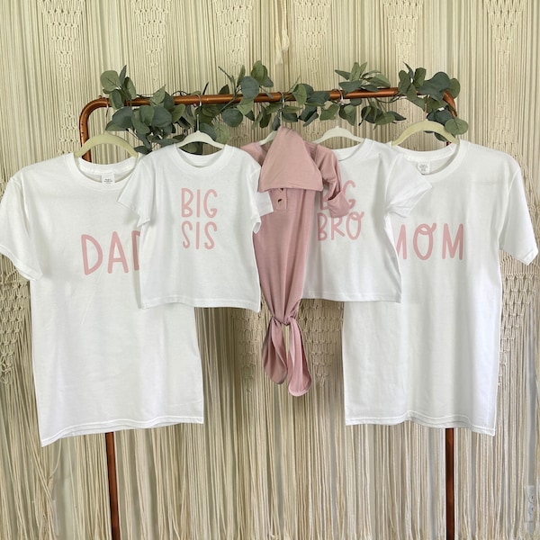 DUSTY ROSE Baby Knotted Gown and Matching Dad T-shirt SET - Optional Mom, Big Bro, Big Sis or Any Custom Letter T-shirts