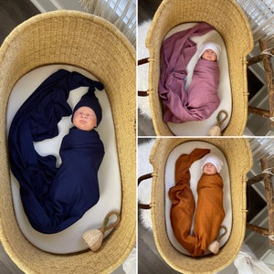 Swaddle and Hat Set, Hospital and Delivery Robe and Matching Swaddle Sets, Baby Name Hat Navy Blue, Cinnamon Dusty Purple Swaddle Blanket