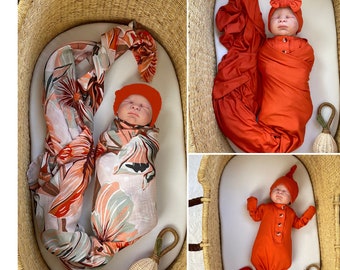 Mommy and Me Coral Maternity Robe and Matching Print Swaddle,  Sack, Hat and/or Bow for Baby Girl or Boy