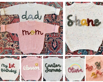 Hand Embroidered Sweaters For Adults and Kids, 100% Cotton Chunky Speckled Pullovers,  Custom Name Sweaters