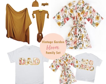 Tenues assorties pour la famille Bloom | Peignoir de maternité vintage fleuri et t-shirt DAD assorti, emmaillotage, robe de chambre, t-shirts Big BRO et Big SIS