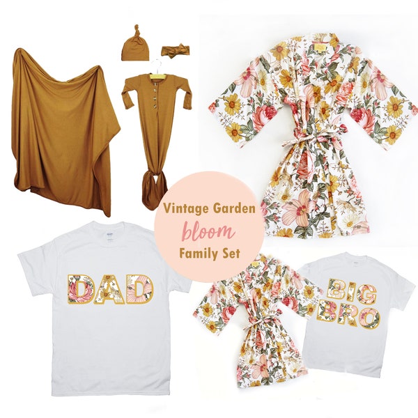 Tenues assorties pour la famille Bloom | Peignoir de maternité vintage fleuri et t-shirt DAD assorti, emmaillotage, robe de chambre, t-shirts Big BRO et Big SIS