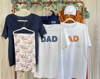 Maternity Pajamas and Matching Swaddle, Dad, Big Brother and Big Sister T-shirts for Maternity Photos - Navy Blue and Cinnamon Print Swaddle