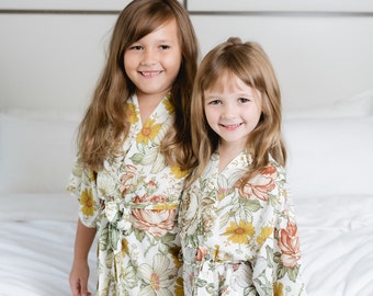 Flower Girl Robes, Vintage Garden OCHRE Kids Robes | Floral Pattern Robes for Toddler and Youth I Girls  Kimono Robes for Beach and Wedding