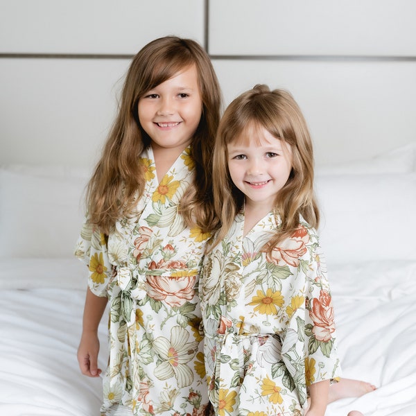 Blumenmädchen Roben, Vintage Garten OCKER Kinder Robes | Florale Gewandung für Kleinkind und Jugend I Mädchen Kimono Roben für Strand und Hochzeit